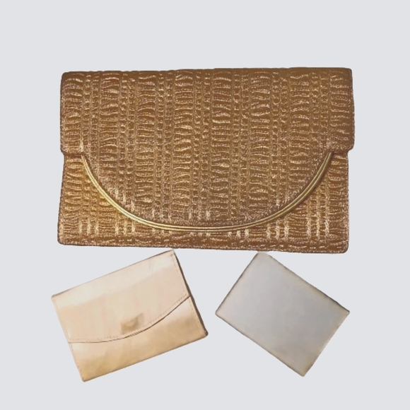 Mark Cross Vintage Gold Envelope Clutch – Leather & Fabric Evening Bag” - Picture 3 of 5
